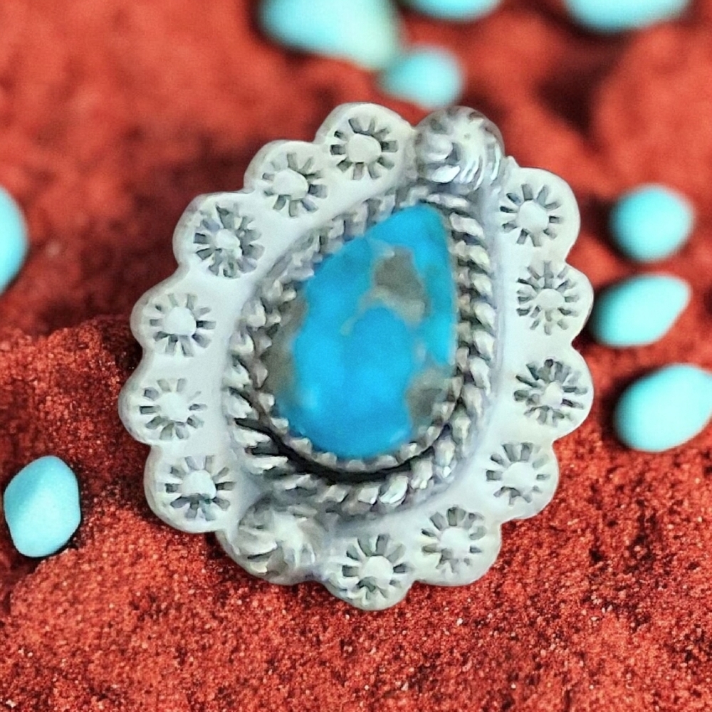 KINGMAN TURQUOISE TEARDROP RING 925 STERLING SILVER ADJUSTABLE SIZE 7-9